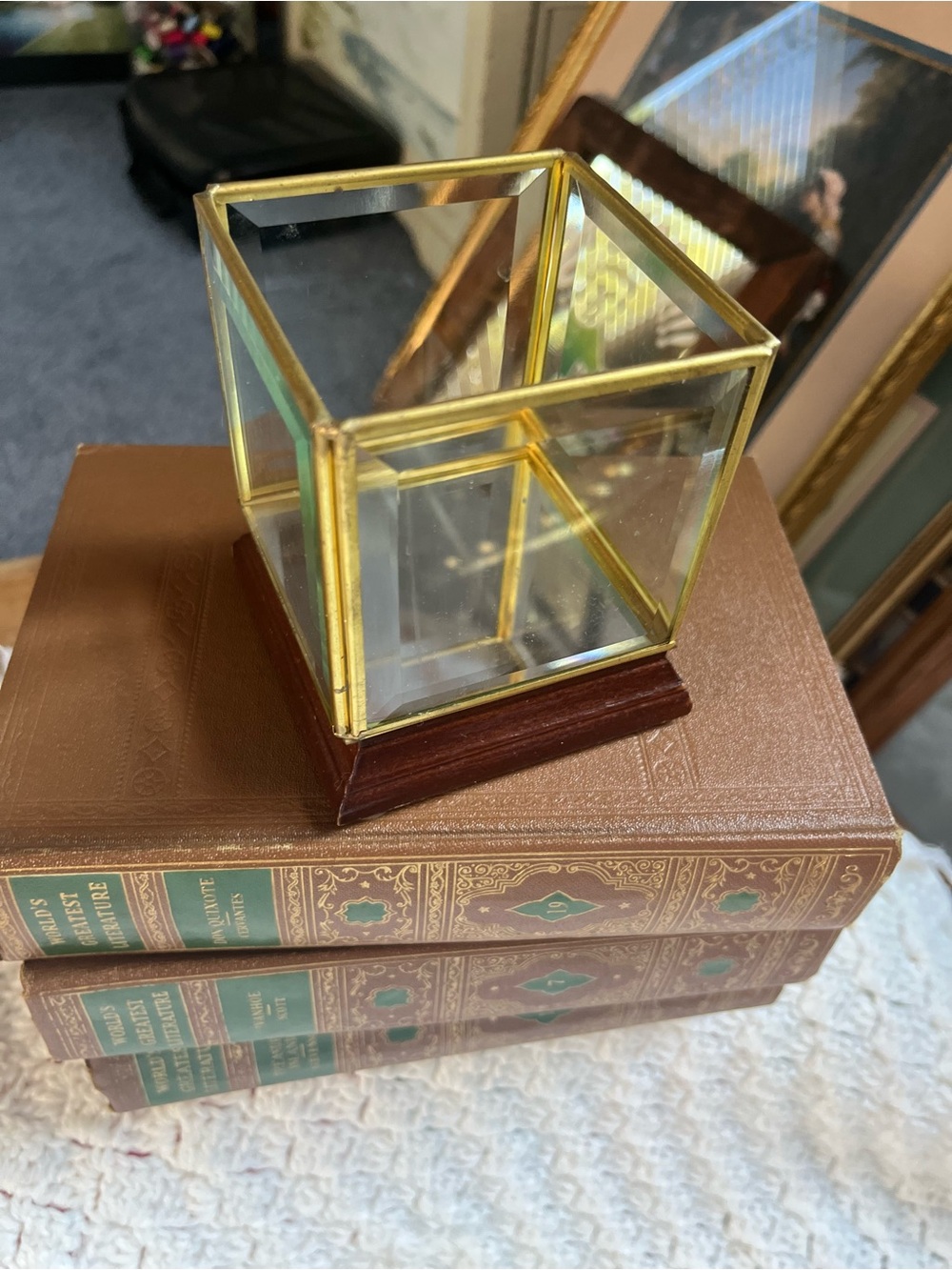 Brass and Beveled Glass Cube Display Box with Wooden Base - Gold